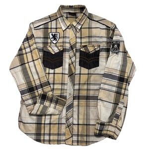 Red Ape Mens LARGE Plaid Button-Up Embroidered Long-Sleeved Collared Shirt! M875